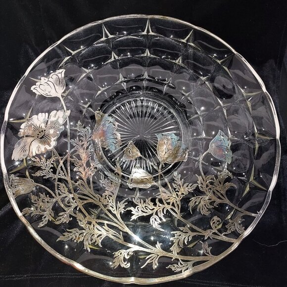 Cake Plate Flanders Clear Sterling Overlay Poppy Silver City Serving Platter 13" - Picture 5 of 10